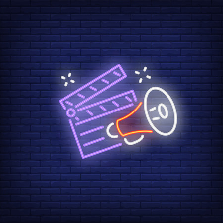Clapper board and megaphone neon sign. Luminous signboard with film director belongings. Night bright advertisement. Vector illustration in neon style for producing, blogging, cinematographyのイラスト素材