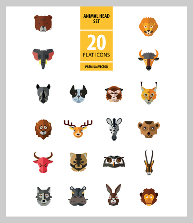 Animal head vector icon set. Cute wild cartoon animals, bear, monkey, lion, elephant, fox. Wildlife concept. Can be used for topics like mammals, zoo, safari, natureのイラスト素材