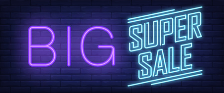 Big Super Sale neon sign. Text on brick wall background. Vector illustration in neon style for special offers and promoのイラスト素材