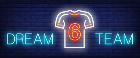 Dream team neon sign. T shirt with number on brick wall background. Vector illustration in neon style for football playing and sportのイラスト素材