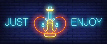 Just enjoy neon sign. Hookah with red hoses on brick wall background. Vector illustration in neon style for lounge, club, hookah partyのイラスト素材