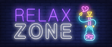 Relax zone neon sign. Hookah with heart shaped smoke on brick wall background. Vector illustration in neon style for lounge, club, dateのイラスト素材