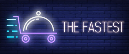 The Fastest sign in neon style. White lettering and cloche on cart Night bright advertisement. Vector illustration for food delivery and quick service restaurantのイラスト素材