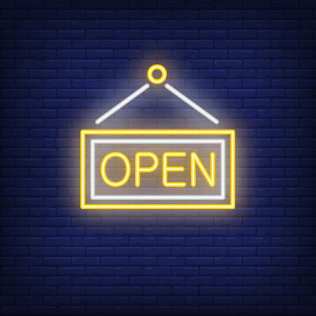 Open door neon sign. Information and message design. Night bright neon sign, colorful billboard, light banner. Vector illustration in neon style.のイラスト素材
