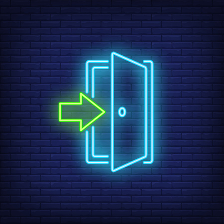 Open door with arrow neon sign. Information and entrance design. Night bright neon sign, colorful billboard, light banner. Vector illustration in neon style.のイラスト素材