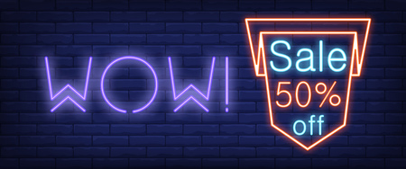 Wow Sale Fifty Percent off neon sign. Origami arrow down on brick wall background. Vector illustration in neon style for special offers and clearanceのイラスト素材