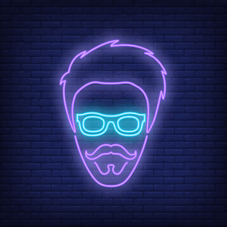 Stylish man face neon sign. Fashion, style and advertisement design. Night bright neon sign, colorful billboard, light banner. Vector illustration in neon style.のイラスト素材