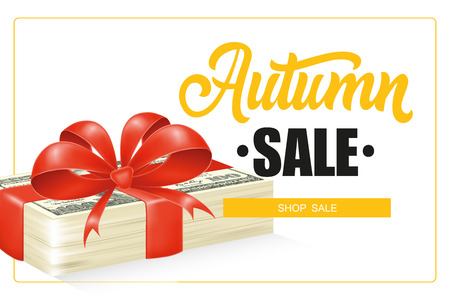 Autumn sale lettering in frame and dollar bills stack with bow. Autumn offer advertising design. Handwritten and typed text, calligraphy. For leaflets, brochures, invitations, posters or banners.のイラスト素材
