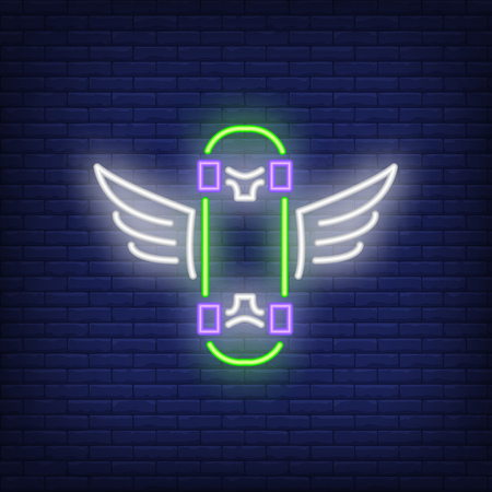 Skateboard with wings neon sign. Extreme sport and advertisement design. Night bright neon sign, colorful billboard, light banner. Vector illustration in neon style.のイラスト素材