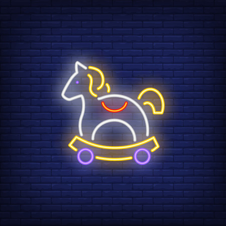 Rocking horse toy neon sign. Childhood, entertainment and advertisement design. Night bright neon sign, colorful billboard, light banner. Vector illustration in neon style.のイラスト素材