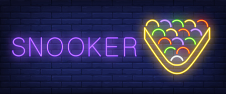 Snooker neon text with balls in triangle. Billiards club and advertisement design. Night bright neon sign, colorful billboard, light banner. Vector illustration in neon style.のイラスト素材