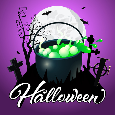 Halloween lettering. Cauldron with green potion on graveyard, tree, bats and moon on purple background. Halloween night background. Vector illustration can be used for posters, flyers, websitesのイラスト素材