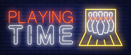 Playing time neon text with bowling pins. Bowling club and advertisement design. Night bright neon sign, colorful billboard, light banner. Vector illustration in neon style.のイラスト素材