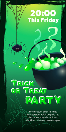 Trick or Treat Party This Friday lettering. Spider and cauldron with boiling green potion. Holiday event invitation. Halloween concept. Vector illustration can be used for posters, flyers, bannersのイラスト素材