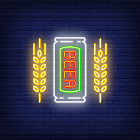 Wheat beer neon sign. Luminous signboard with beer can and spike. Night bright advertisement. Vector illustration in neon style for  brewery, Oktoberfest festivalのイラスト素材