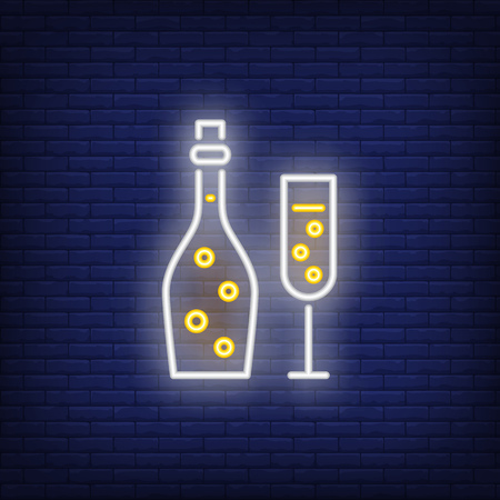 Champagne neon sign. Luminous signboard with flutes and bottle. Night bright advertisement. Vector illustration in neon style for restaurant commercial, bar, celebrationのイラスト素材
