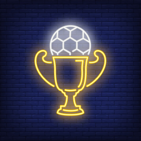 Football in trophy cup neon sign. Soccer, sport and advertisement design. Night bright neon sign, colorful billboard, light banner. Vector illustration in neon style.のイラスト素材
