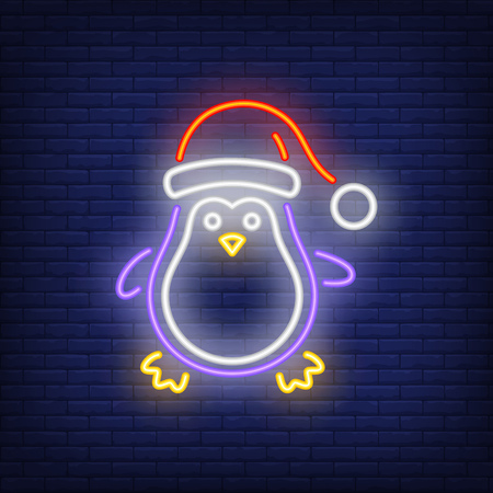 Christmas penguin neon icon. Cute cartoon character, Santa cap, hat. Christmas concept. Vector illustration can be used for street wall signs, billboards, bannersのイラスト素材