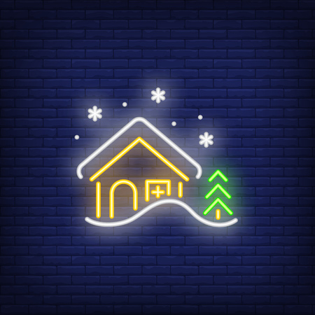 Winter cottage neon icon. Village, fir tree, snow. Housing concept. Vector illustration can be used for street wall signs, billboards, bannersのイラスト素材
