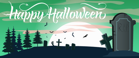 Happy Halloween lettering with moon, gravestone and cross. Invitation or advertising design. Handwritten text, calligraphy. For leaflets, brochures, invitations, posters or banners.のイラスト素材