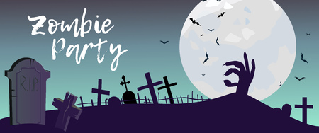 Zombie Party lettering with graveyard, hand and moon. Invitation or advertising design. Handwritten text, calligraphy. For leaflets, brochures, invitations, posters or banners.のイラスト素材