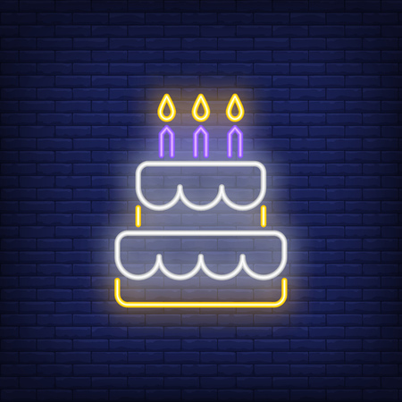 Birthday cake signboard with craft beverage. Night bright advertisement. Vector illustration in neon styleのイラスト素材