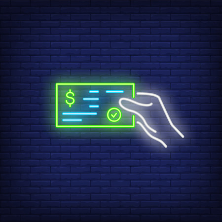 Voucher neon sign. Vector illustration of hand holding cheque. Night bright advertisement can be used for shopping and special offer.のイラスト素材