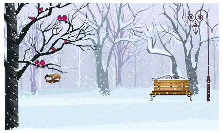 Winter landscape with snowy park vector illustration. Forest with bullfinches on tree, bench and streetlight. Town scene. Christmas or New Year concept. For websites, wallpapers, posters or bannersのイラスト素材