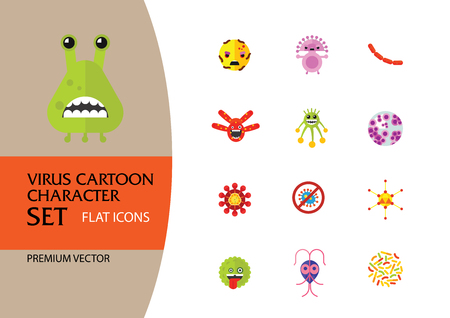 Virus cartoon character icons set. Thirteen vector iconsのイラスト素材