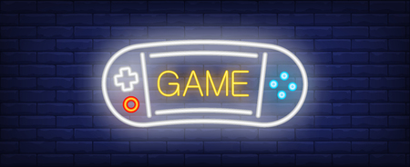 Game neon text with portable videogame console. Computer games and entertainment advertisement design. Night bright neon sign, colorful billboard, light banner. Vector illustration in neon style.のイラスト素材