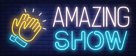 Amazing show neon sign. Clapping hands on brick background. Performance, concert, festival. Night bright advertisement. Vector illustration in neon style for leisure, nightlife, entertainmentのイラスト素材