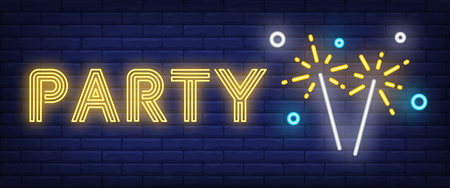 Party neon sign. Bengal light on brick background. Christmas, New Year, celebration. Night bright advertisement. Vector illustration in neon style for holiday, event, occasionのイラスト素材