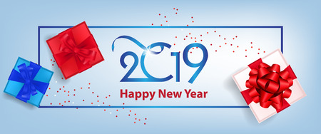 Happy New Year Twenty Nineteen banner design. Gift boxes with ribbons and confetti on blue background. Template can be used for flyers, sale posters, greeting cardsのイラスト素材