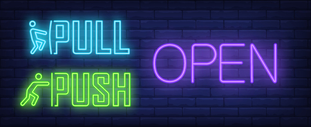 Open pull and push neon sign. Glowing neon inscription with pull and push indicators on dark blue brick background. Can be used for shops, advertisement, venuesのイラスト素材