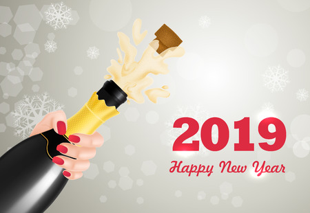 Two Thousand nineteen lettering with champagne explosion. New Year Day greeting card. Handwritten and typed text, calligraphy. For leaflets, brochures, invitations, posters or banners.のイラスト素材