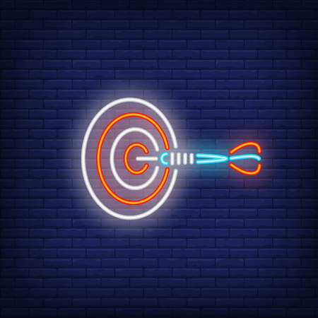 Blue arrow dart in target neon sign. Illustration of dart in rad target on dark blue brick background. Can be used for topics like entertainment, games, advertisementのイラスト素材