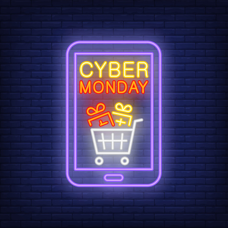 Cyber Monday mobile screen neon sign. Illustration of mobile phone with inscription, hand chart with gifts on blue brick background. Can be used for sales, Christmas time, discounts, online shoppingのイラスト素材