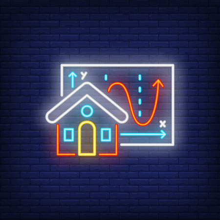 House building and graphic diagram neon sign. Illustration of house and diagram on dark blue brick background. Can be used for topics like building, house, realtyのイラスト素材