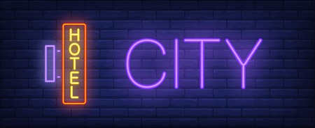 City hotel neon sign. Glowing inscription with hotel neon outdoor signboard on dark blue brick background. Can be used for night city advertisement, hotel, bookingのイラスト素材