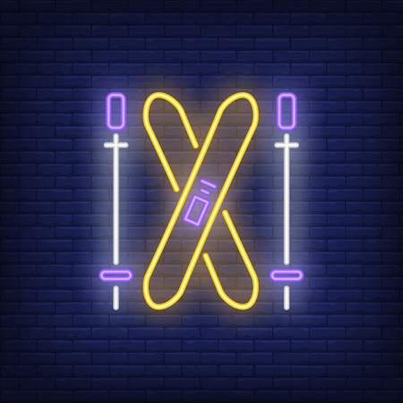 Crossed mountain skis and poles neon sign. Ski resort, winter sport and advertisement design. Night bright neon sign, colorful billboard, light banner. Vector illustration in neon style.のイラスト素材
