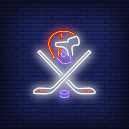 Hockey helmet, crossed sticks and puck neon sign. Hockey advertisement design. Night bright neon sign, colorful billboard, light banner. Vector illustration in neon style.のイラスト素材
