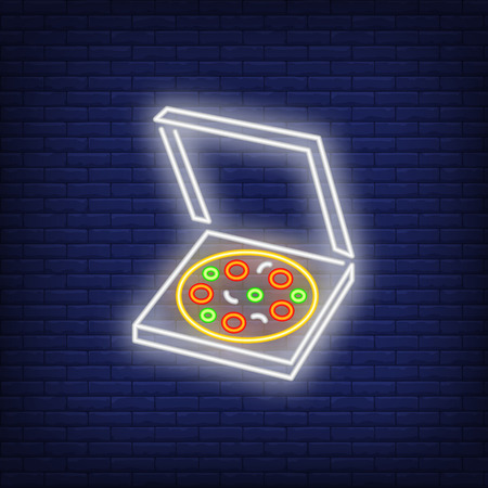 Pizza in open box neon sign. Pizzeria advertisement design. Night bright neon sign, colorful billboard, light banner. Vector illustration in neon style.のイラスト素材