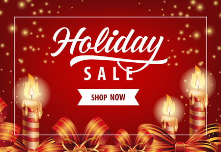Holiday Sale with candles poster design. Calligraphy with candles, ribbons on red background with confetti. Can be used for sales, discounts, couponsのイラスト素材