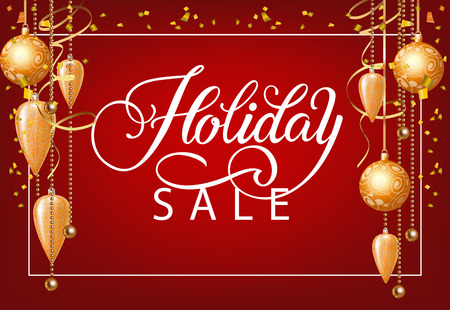 Holiday Sale with Christmas tree decorations coupon design. Lettering with golden tree decorations and confetti on red background. Can be used for coupons, sales, discountsのイラスト素材
