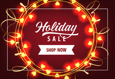 Holiday Sale with lamps coupon design. Lettering with lamps in form of hearts on dark background. Can be used for sales, discounts, couponsのイラスト素材