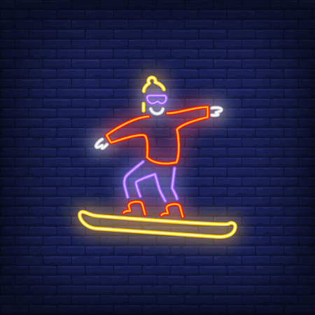 Snowboarding man neon sign. Winter resort sign on brick background. Night bright advertisement. Vector illustration in neon style for sport, hobby, recreationのイラスト素材
