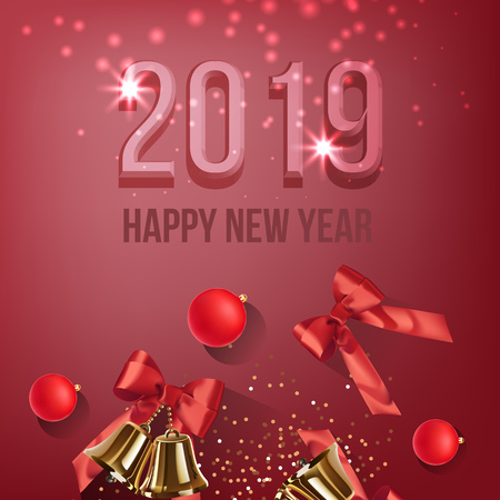 Twenty Nineteen New year card design. Red baubles, bows, gold jingles and confetti on glittering magenta background. Vector illustration can be used for banners, flyers, postersのイラスト素材