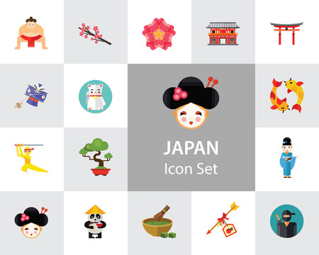 Japan Icon Set. Japanese Kite Japanese Cranes Torii Gate Bonsai Tree Koi Fish Japanese Ninja Sumo Wrestler Female Ninja Hamaya Arrow Geisha Japanese Lucky Cat Geisha Head Sakura Twigのイラスト素材