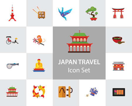 Japan Travel Icon Set. Fuji Mountain Japanese Rickshaw Miso Soup Japanese Macaque Japanese Kite Buddha Statue Tokyo Skytree Tower Yasaka Shrine Sashimi Sushi Set Torii Gate Heijo-kyoのイラスト素材