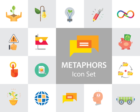 Metaphors vector icon set. Money rain, bread, stop sign, idea. Metaphor concept. Can be used for topics like creativity, business, finance, environment, lifestyleのイラスト素材